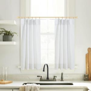 32 Inch Length,White Linen Kitchen Curtains,Extra Wide Small Bathroom Curtains Window Rustic Farmhouse