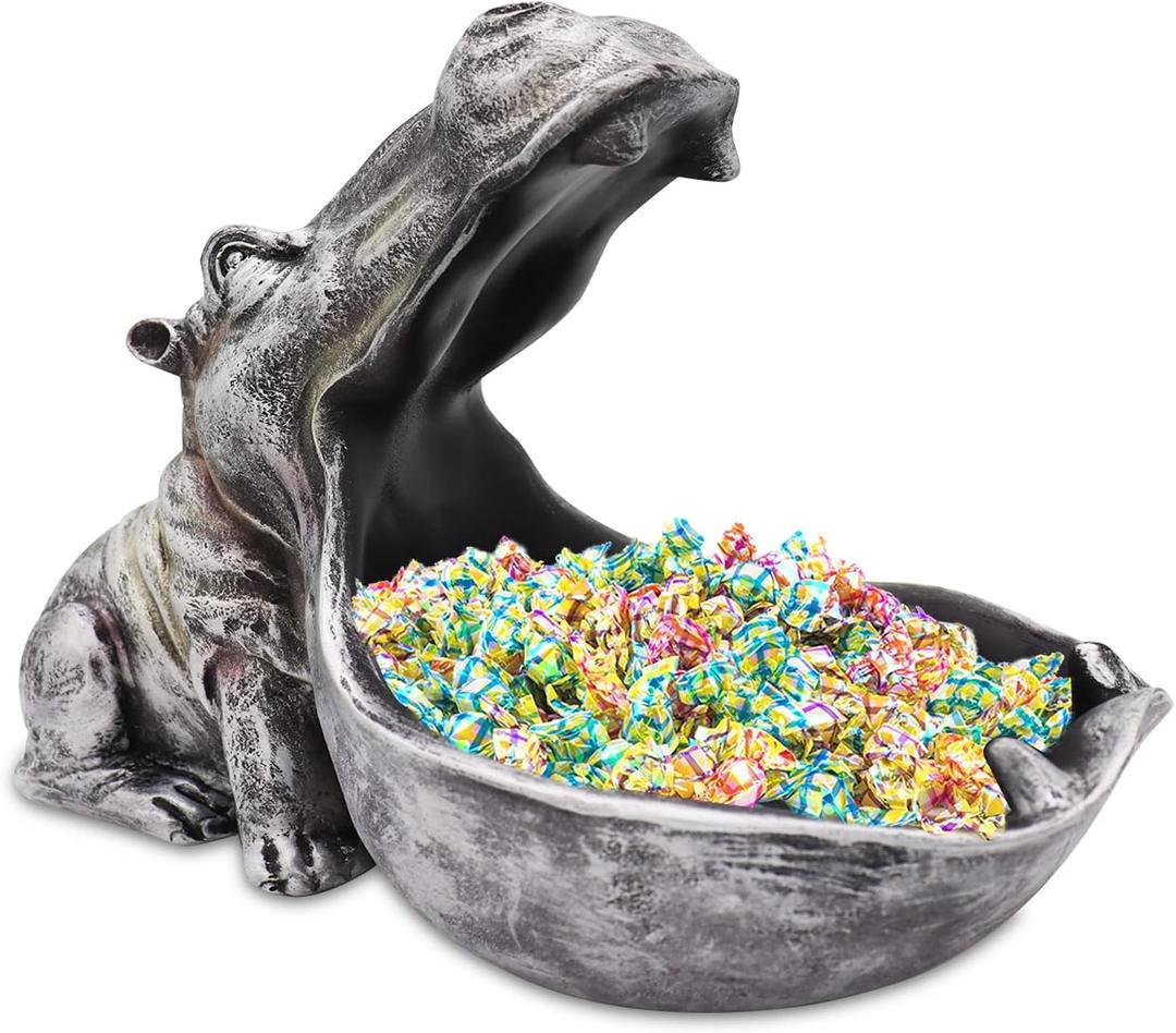 aboxoo Hippo Statue Home Resin Hippopotamus Figurine Fun Candy Dish,Key Bowl,Big Mouth Sculpture Table Art Decoration Sundries Container Storage Boxes (Grey) (Gray)