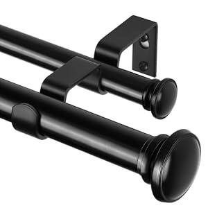TONIAL 1 Inch Double Curtain Rods 36 to 72 Inches (3 to 6ft), Heavy Duty Decorative Drapery Rod for Windows 24 to 68 Inches (2 to 5.7ft) with Small Cap Finial, Black