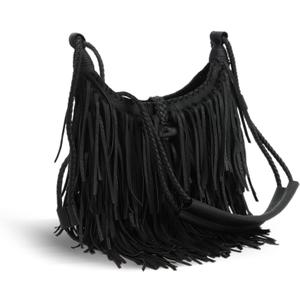 Emprier Vintage Fringe hobo bags for Women Vegan Faux Suede Leather Tassel Crossbody Bag Fringe Purse (Black)