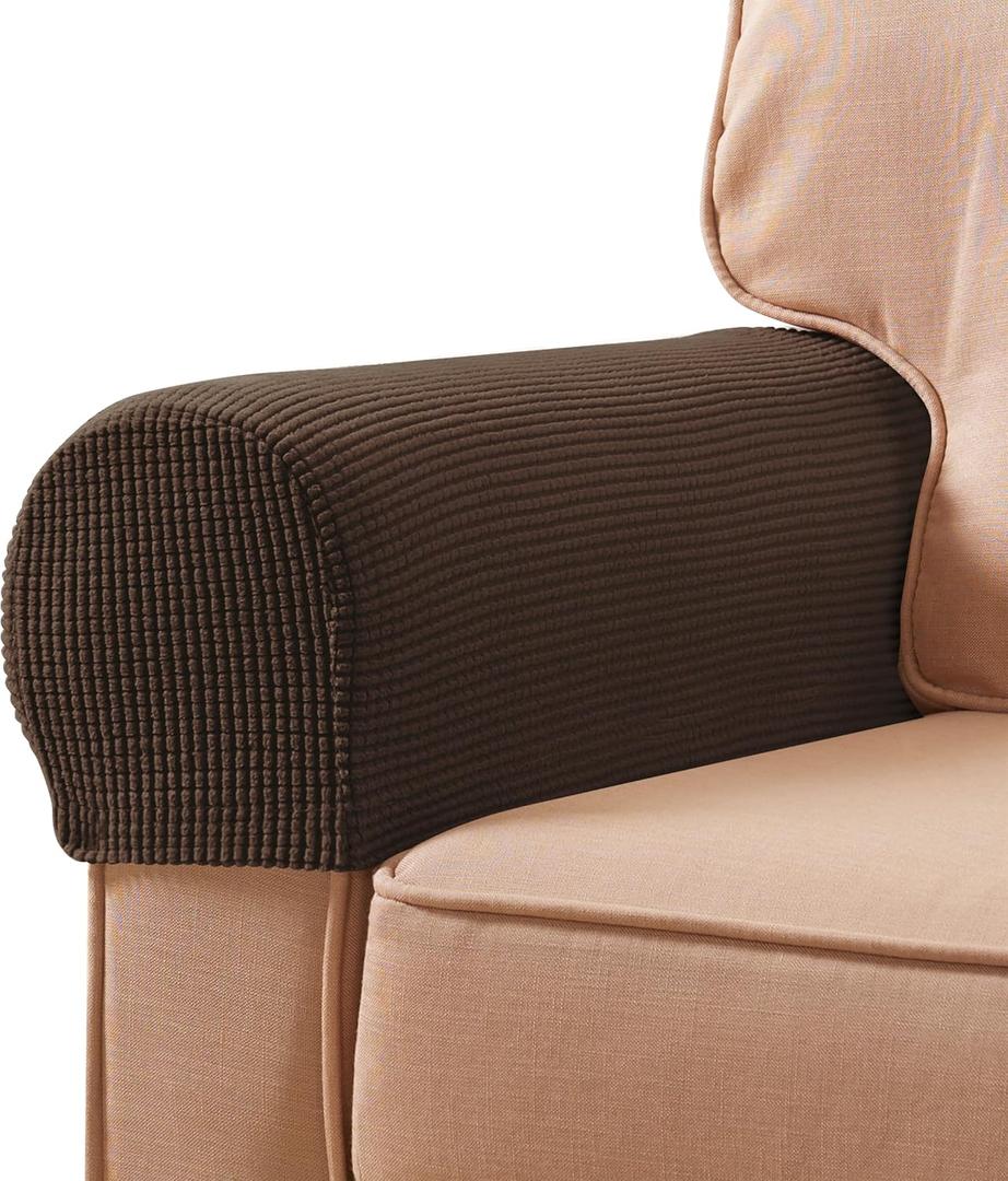 SUBRTEX Stretch Couch Arm Covers Set of 2, Checkered Sofa Arm Slipcovers, Anti-Slip Armrest Covers for Recliner and Armchairs, Pet Proof, High Stretchy, Hook & Loop Tape, Chocolate