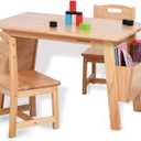 Kids Solid Wood Table and 2 Chair Set with Storage Desk and Chair Set for Children Toddler Activity Table (Solid Wood/Natural)