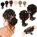2PCS Messy Bun Hair Piece Tousled Updo with Tendrils Wavy Curly Hair Bun Scrunchies Ponytail Extension Elastic Band Hairpieces For Women (Dark Brown Mix Light Auburn)