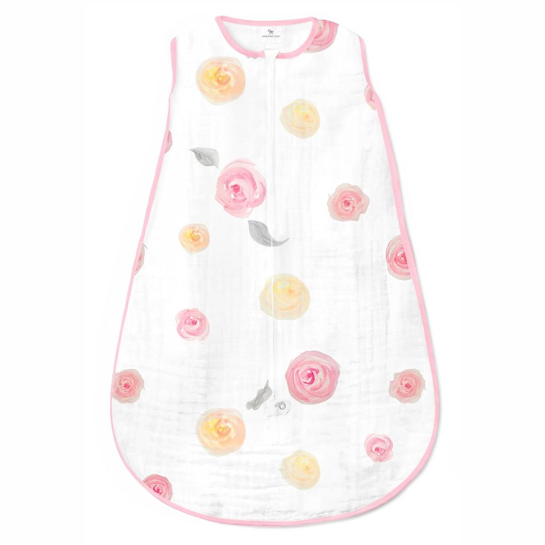 Amazing Baby Cotton Muslin Sleeping Sack, For Baby Girl, Wearable Blanket with 2-way Zipper, Watercolor Roses, Pink, Medium (6-12 Month) (White)