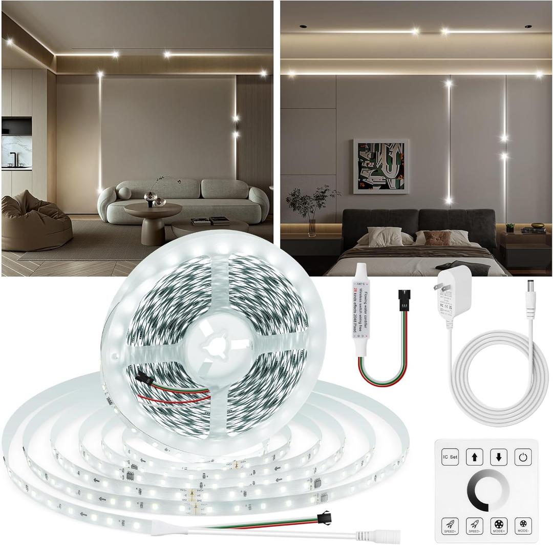 HOUHUI White LED Strip Lights 65.6Ft, 6500K White Running Water Flowing LED Light Strip with Touch Panel Wireless Control,28 Modes,Dimmable LED Tape Lights for Bedroom Living Room Home Party DIY Decor