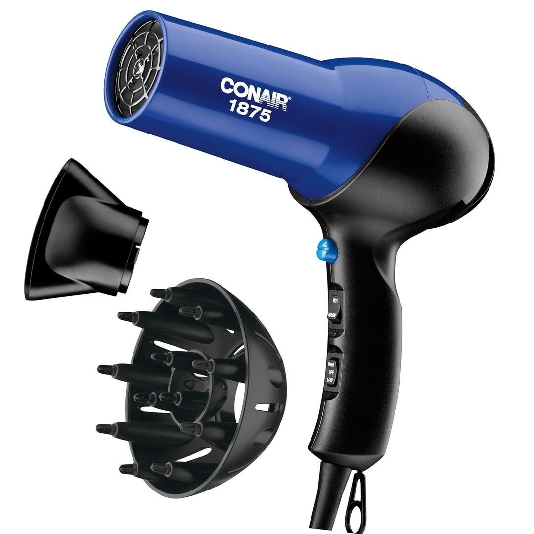 Conair Turbo 1875W Hair Dryer, Ionic Blow Dryer, Diffuser Hair Dryer for Frizz F-ree Curls & Waves, Fast-Dry Hair Dryers for Women, Hair Dryer with Diffuser, Hair Diffuser & Concentrator, Blue/Black (3 Piece Set)