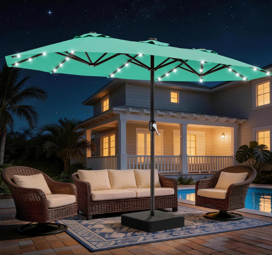 AreShark 13 FT Patio Umbrella with Solar Lights, Double-Sided Outdoor Table Umbrellas with Crank, Large Rectangular Market Umbrella for Porch, Lawn, Pool, Backyard, Cerulean