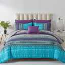 Cottolester Boho Comforter Set King Size 8 Piece Bed in a Bag Bohemian Striped Bedding Quilt Set Aqua Paisley Floral Comforter and Sheet Set, Soft Microfiber Complete Bedding Sets for All Season