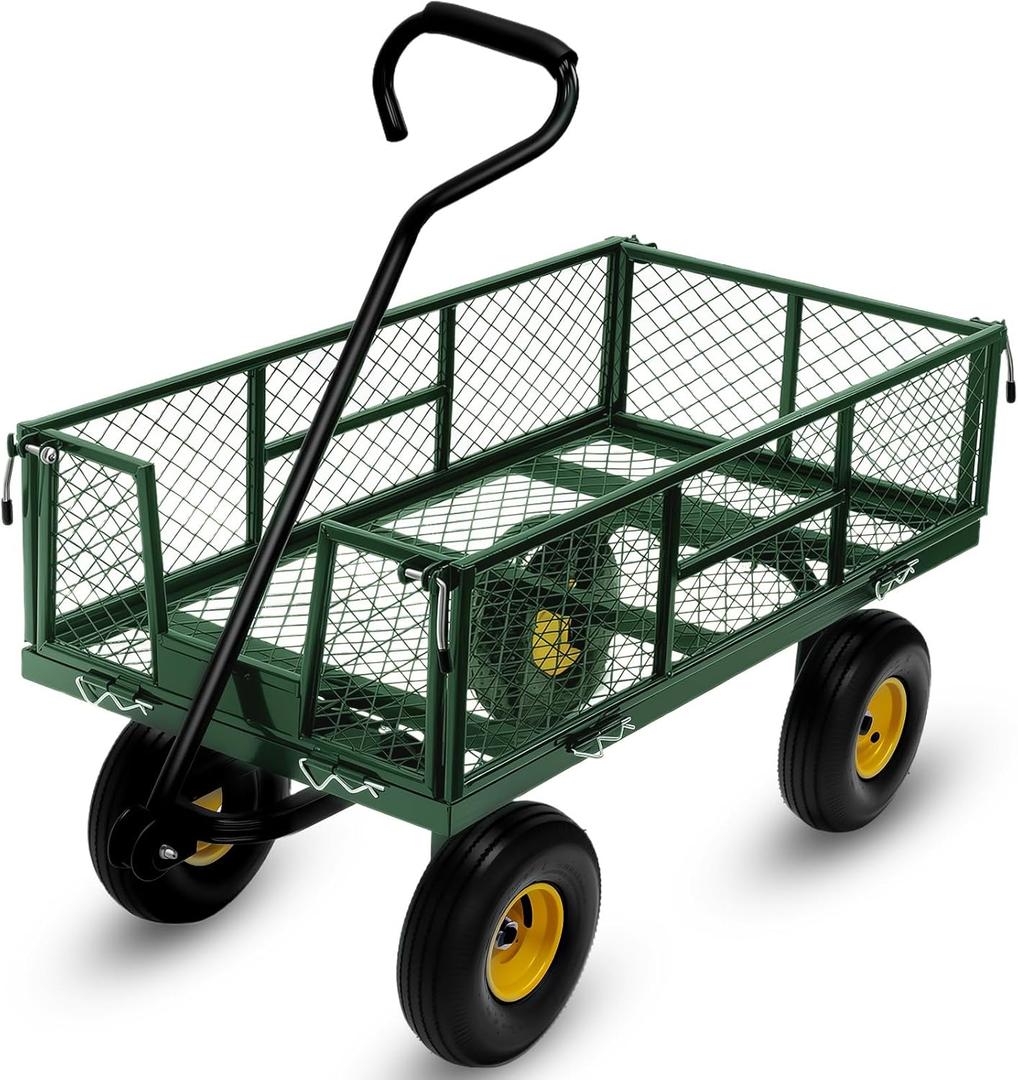 Steel Garden Cart, 2-in-1 Heavy Duty Utility Wagon 900 LBS Capacity Carts with Removable Mesh Sides to Convert into Flatbed, 240 U-Turn 10" Pneumatic Tires Garden Wagon for Lawn Camping Farm Yard
