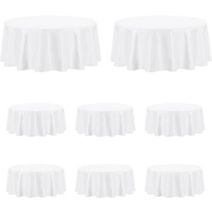 PureFit 8 Pack Round White Table Cloths 120 Inch for Round Tables, Stain and Wrinkle Resistant Table Linens for Home Use, Wedding, Party, Banquet and Camping