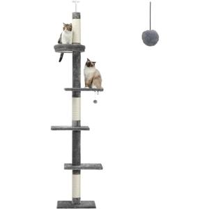 PETEPELA Cat Tower 5-Tier Floor to Ceiling Cat Tree Height(95-107 Inches) Adjustable, Tall Climbing Tree Featuring with Scratching Post, Cozy Bed,Interactive Ball Toy for Indoor Cats/Kitten Grey (95-107, Grey Upgrade)