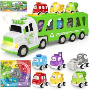 7-in-1 Toddler Truck Toys for 2 3 4 5 Year Old Boys - 17" Longer Transport Eco Truck with 6 Cute Pull Back Cars and Playmat, Carrier Truck with Light & Sound, Birthday Gifts for Kids 2-5 (Yellow)