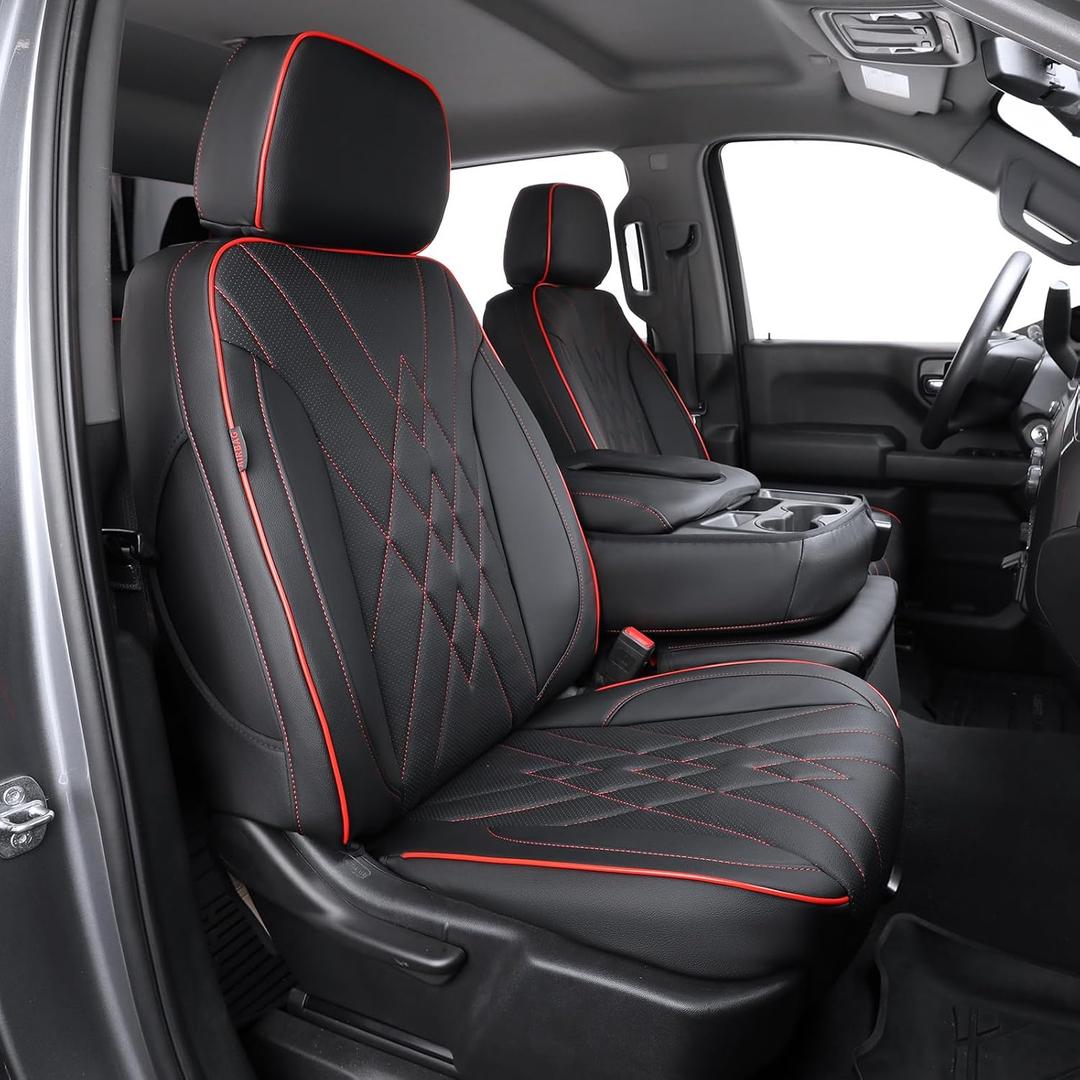 EKR Custom Seat Covers for Chevrolet Tahoe 8-Seats 2025-2026,Full Set
Fits LS,LT,Premier,RST,Z71(2nd row 40/60 Split),Faux Leather 1:1 Custom Full-Coverage Seat Cushion(Black-Red Trim)