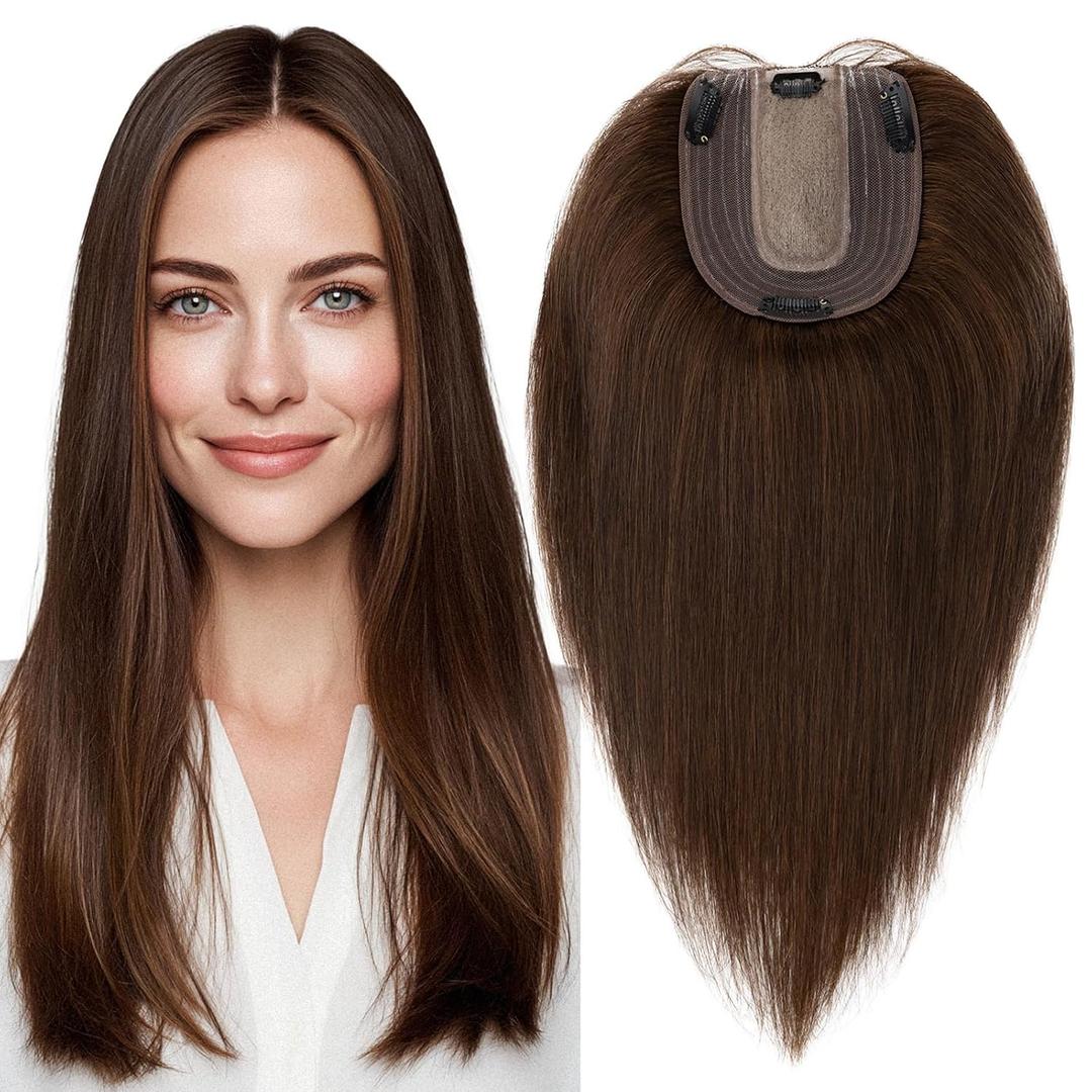 MY-LADY Human Hair Toppers for Women Real Human Hair Thin 10 * 12CM Silk Base with Lace 130% Density Clip in Remy Hairpieces 12 Inch Medium Brown