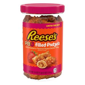 Reese's Filled Pretzels, Peanut Butter and Strawberry Flavored Pretzel Nuggets, Crunchy, Ready to Eat, Sweet and Salty Snack, 18 oz Cannister