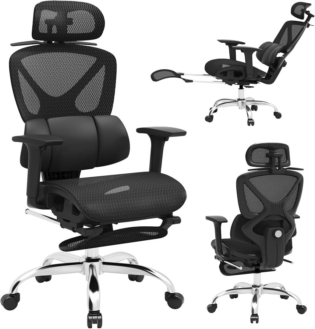 Freepub Ergonomic Mesh Office Chair, Home Desk Chair Comfy with Adjustable Lumbar Support 3D Headrest and Armrests, Reclining Big and Tall High Back Computer Gaming Chairs for Man Women, 350lbs Black