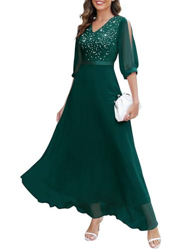 Wedtrend Dark Green Women's Sequin Cocktail Dress 3/4 Sleeve Wedding Guest Dress Sparkly Floor Length Fromal Dress Bridesmaid Dress WT0317DarkGreen L