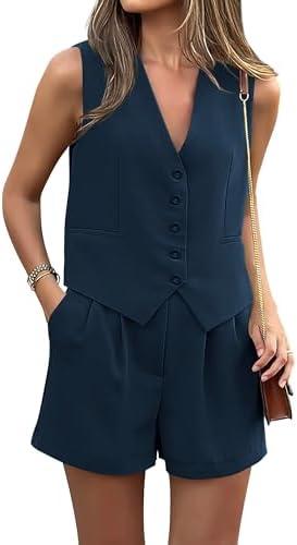 PRETTYGARDEN Women Summer 1 Piece Outfit V Neck Sleeveless Button Down Vest Business Work 2025, S