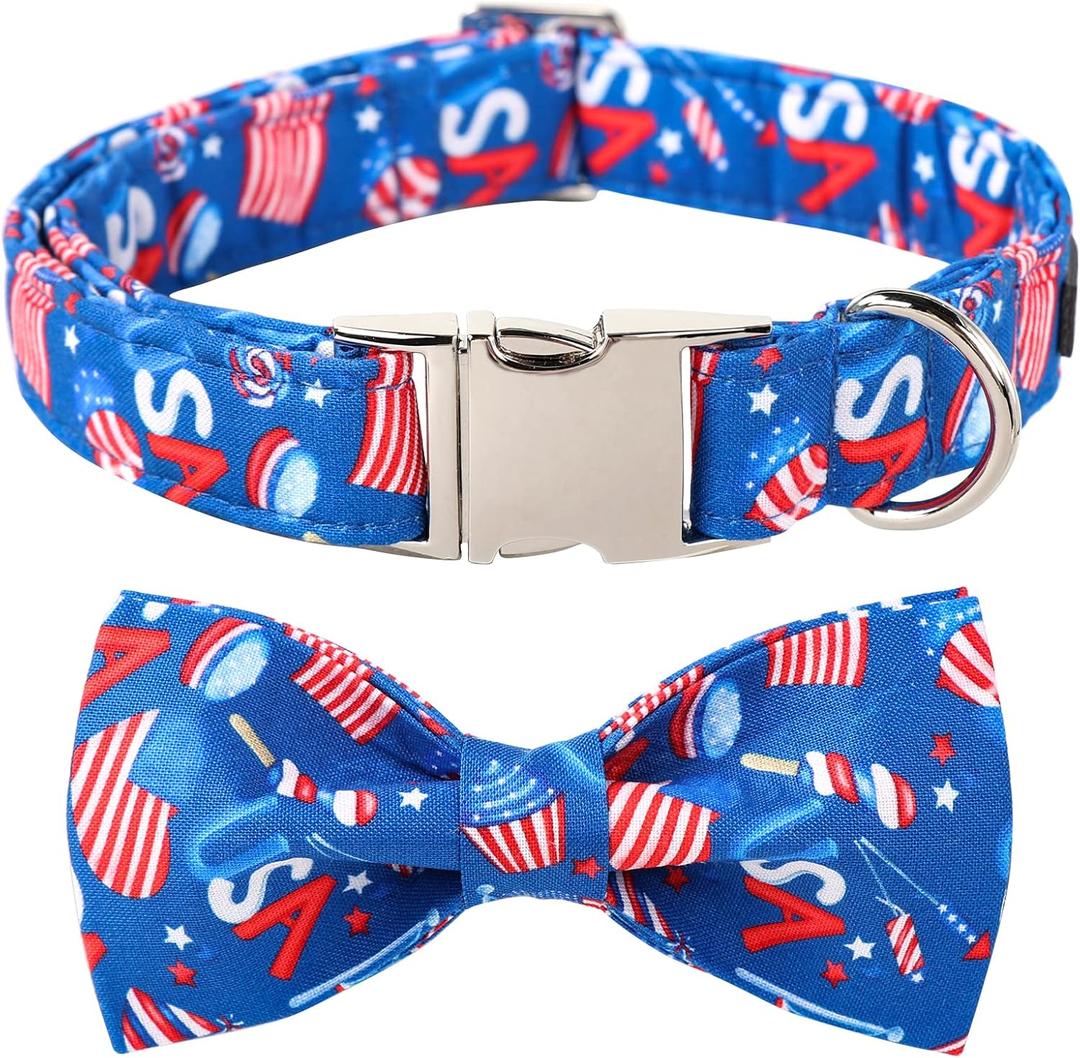 Lionet Paws Patriotic Dog Collar with Bowtie, 4th of July, Soft and Comfortable Adjustable American Flag Bowtie Collar for Dogs Male Female Gift, Small, Neck 10-16 inches (USA)