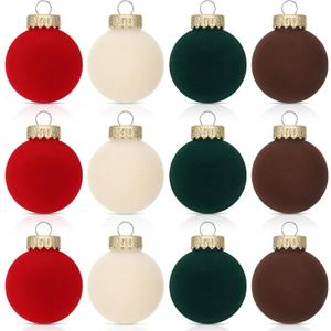 12 Pcs Velvet Christmas Balls Bulk 2.4 inch Flocked Christmas Tree Ball Xmas Plastic Decorative Hanging Ornaments Set for Xmas Tree Holiday Party Decorations (White, Green, Red, Beige)