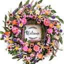 idyllic Spring Summer Wreath for Front Door - 22 Inch Artificial Floral Wreath with Roses, Wild Flowers, Leaves & Welcome Board - Farmhouse Indoor/Outdoor Wall Decor