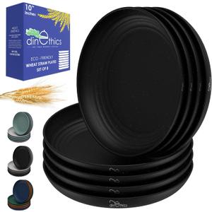 DINETHECS Wheat Straw Plates 10 inch - Alternate to Black Plastic Dinner Plates set of 8 - Microwave Safe Plates For Kitchen - Unbreakable Black Dishes For Kids & Adults - Camping Dishes - Reusable Dorm Dishes