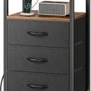 Huuger Nightstand with Charging Station, 27.6 Inch End Table Bedside Table with USB Ports and Outlets, Fabric Drawers, Night Stand for Bedroom, Rustic Brown and Black