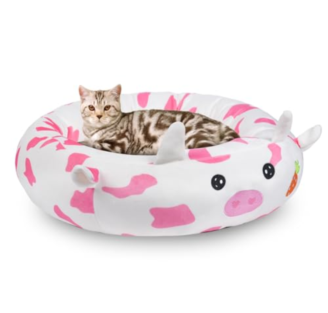 26" Strawberry Cow Pet Bed, Calming Dog & Cat Plush Bed, Fulffy Comfy Padded Cat Mat Plush Pet Bed, Non-Slip Bottom, Soft Washable Sleeping Dog Cot for Medium Small Dogs Cat Puppy Kitty