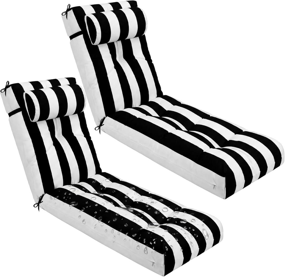 Wenqik Set of 2 Outdoor Chaise Lounge Cushions 76 x 22 x 6 Inch Waterproof Patio Furniture Chaise Cushion with Headrest Pillow Thick Tufted Lounge Pad for Lawn Pool Hotel(Black White Stripe)