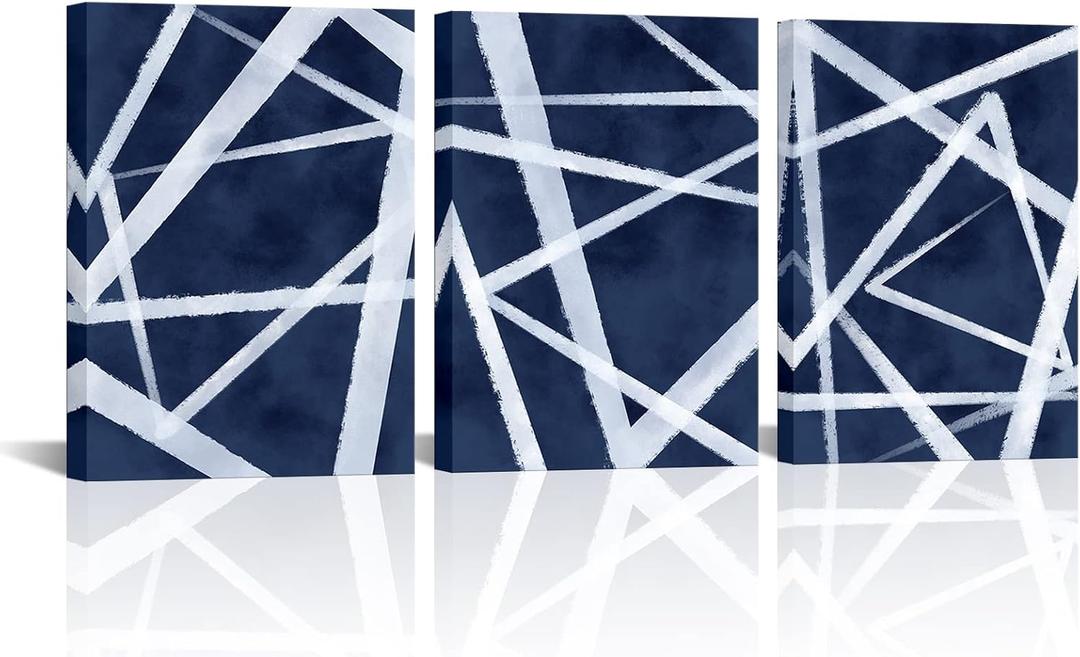 HOMEOART Blue Abstract Wall Art Navy Blue Bathroom Decor Blue Pictures Wall Decor Modern Home Decor Geometric Canvas Wall Art Framed 12x16inchx3 Piece (Navy Blue)