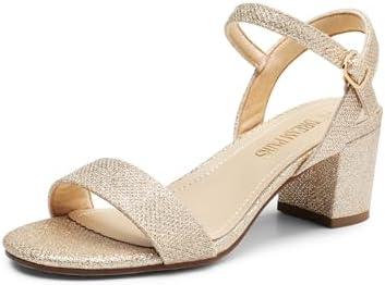 DREAM PAIRS Women's Low Heels Block Open Toe Ankle Strap Classic Short Chunky Sandals with Buckle for Daily Work Wedding Party Gold 9