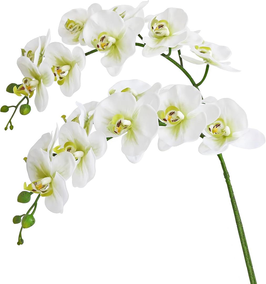 Htmeing 38 Inch Artificial Phalaenopsis Flowers Branches Real Touch (Not Silk) Orchids Flowers for Home Office Wedding Decoration,Pack of 2 (Green White)