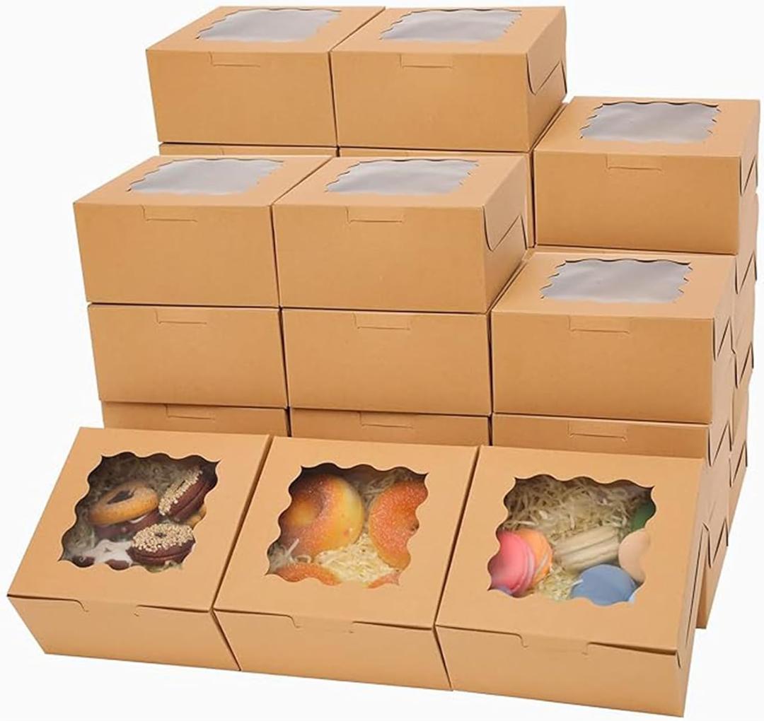 Bakepacker 100pcs Kraft Bakery Boxes with Window 6x6x3 inches Thick & Sturdy Macaroon Pastry Boxes Cookie Boxes for Bakerys