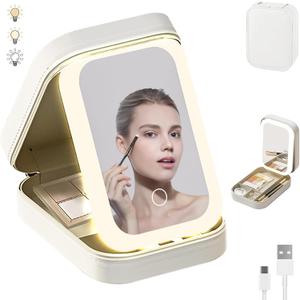 Lighted Vanity Mirror for Travel, Compact Makeup Bag with LED, 3 Colors Light Modes USB Rechargeable Dimmable Touch Screen Portable Travel Makeup Mirror with Light (White)