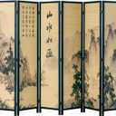 MyGift Decorative 6 Panel Folding Room Divider Bamboo Screen with Chinese Calligraphy Design, 6FT Freestanding Floral Artwork Room Partitioner with Black Wood Frame 94.5''W x 69''H