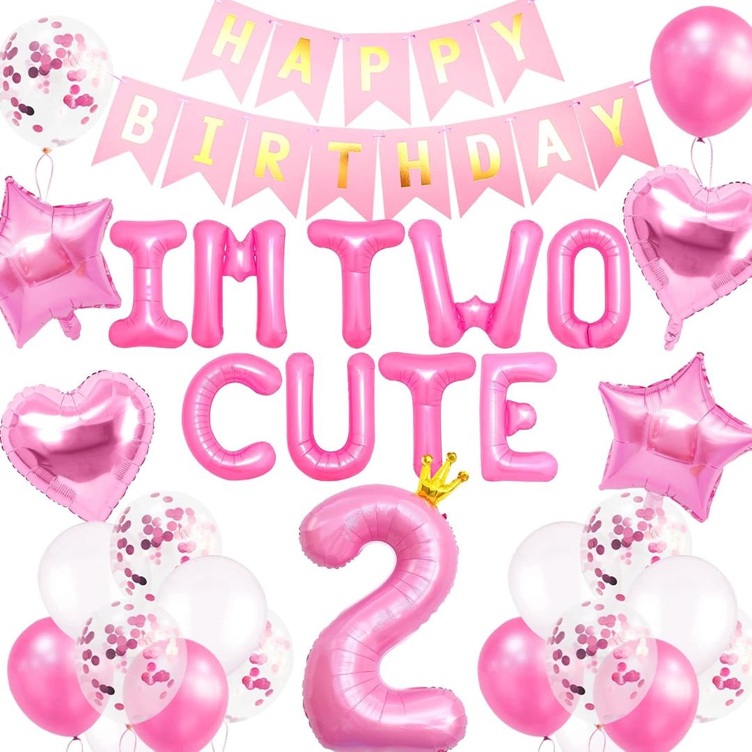 41 PCS Im Two Cute Birthday Decoration Girl Im Two Cute Balloon Pink Number 2 Balloons Girl 2nd Birthday Decoration
