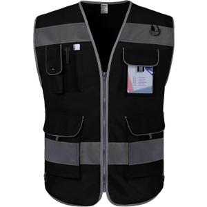 TCCFCCT Safety Vest for Men Women, 9 Pockets High Visibility Reflective Safety Vest, Hi Vis Construction Vest with Reflective Strips, Meets ANSI/ISEA Standards, (Black, Small) (Black Fabric-bison 001)