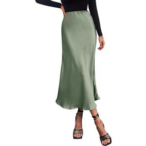 PRETTYGARDEN Women's Satin Skirts Dressy Casual 2025 Fall High Waisted Cocktail Wedding Flowy Elegant A Line Midi Skirt (Light Green) (Large)