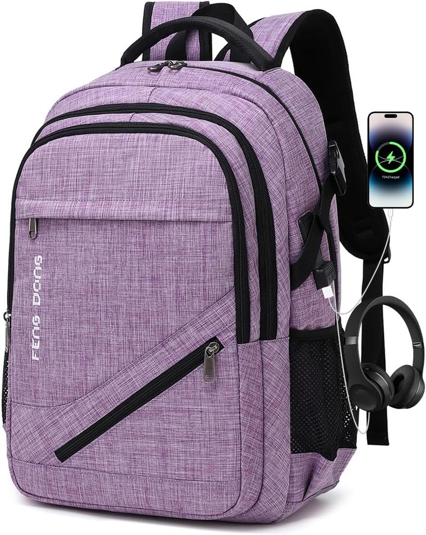FENGDONG Large Laptop Backpack 17.3 inch Durable Waterproof Travel College Backpack Bookbag for Men & Women Business Backpack with USB Charging Port and Headset Port Light Purple
