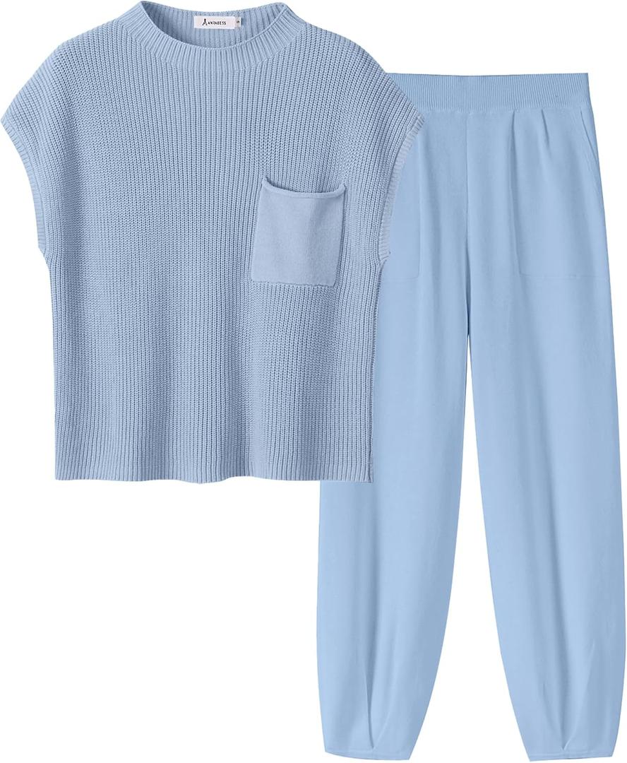 ANRABESS Women's Two Piece Outfits Knit Sweater Vest Crop Top Pants Lounge Matching Tracksuit Sweatsuit Travel Clothes Sets, Small