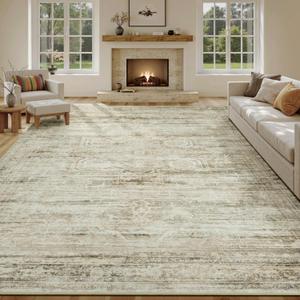 Washable Large Area Rugs 8x10 for Living Room Bedroom Dining Room, Luxury Cozy Neutral Retro Distressed Stain Resistant Beige Rug, Soft Faux Wool Non Slip Indoor Foldable Carpets