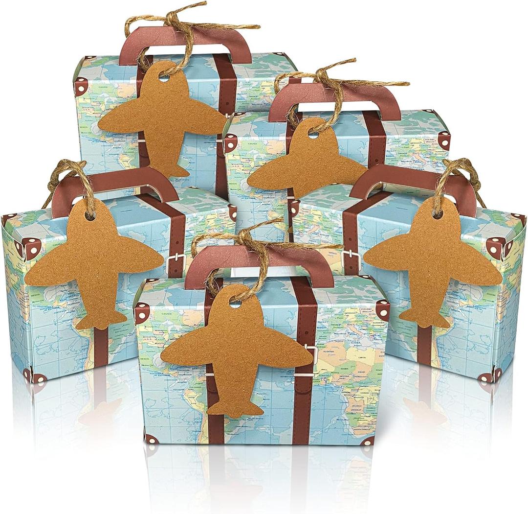 50Pcs Party Favor Candy Box, World Map Mini Suitcase Favor Box, Vintage Kraft Paper with Tags and Burlap Twine for Travel Themed Party, Bridal Shower, Wedding Decorations
