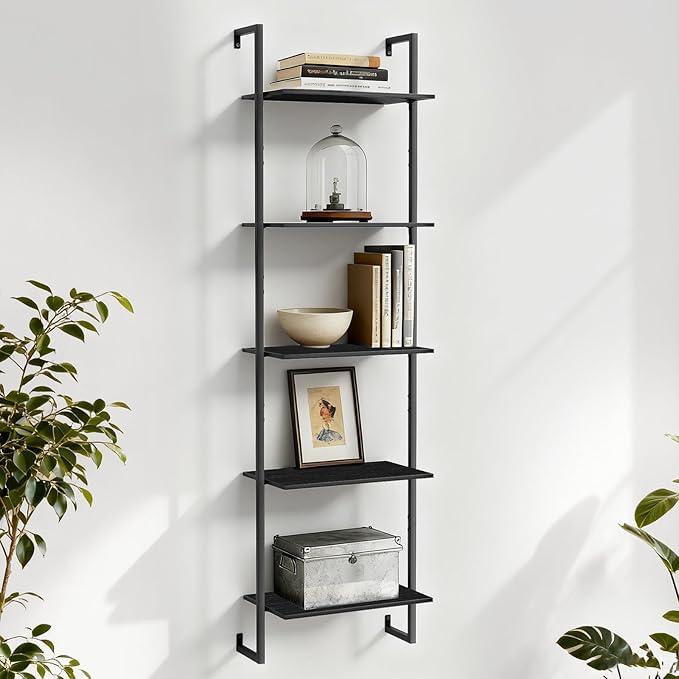 GHIMIGN 5 Tier Industrial Ladder Bookshelf 15.74" Dx9.44 Wx62.99 H, Wall Mounted Bookcase with Metal Frame for Home Office, Living Room, Study，Black
