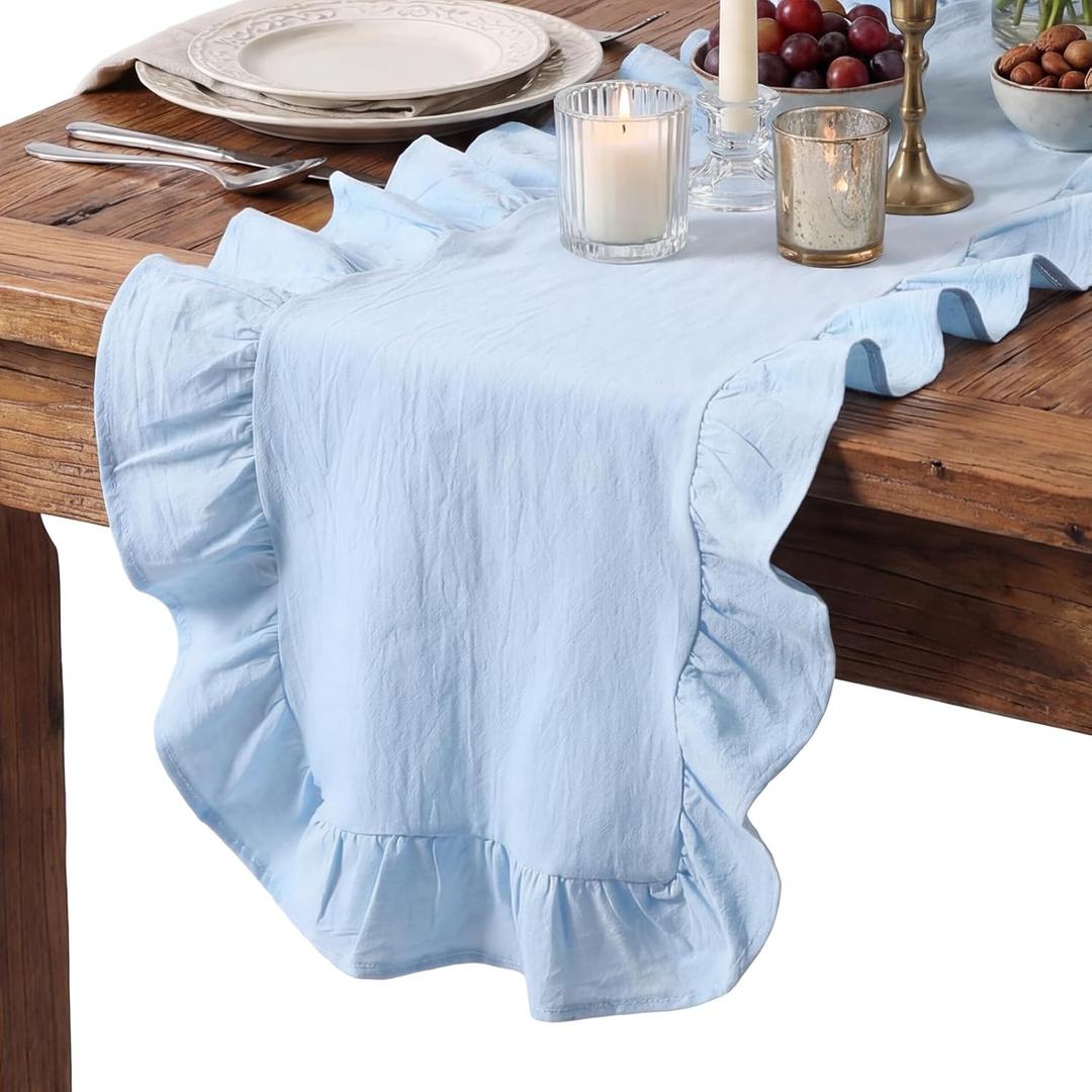 Oudain Dusty Blue Ruffle Table Runner Cotton Fabric 118 x 13.8'' Farmhouse Rustic Ruffled Edge Table Runner Wedding Decor for Spring Baby Shower Bridal Shower Party