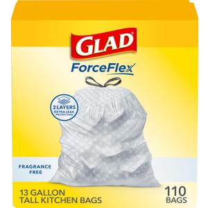 Glad ForceFlex Tall Kitchen Drawstring Trash Bags, 13 Gal, Fragrance Free, Count of 110