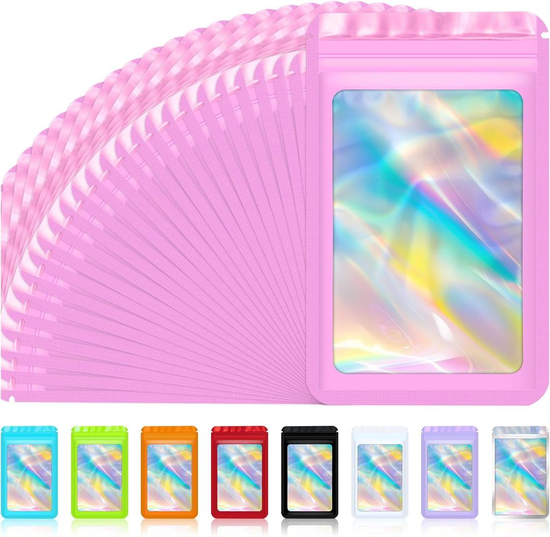 100 Pink Holographic Resealable Mylar Bags, 5x7 Inch, Food Grade, Zipper Closure, Waterproof, Ideal for Food, Jewelry, Party Favors