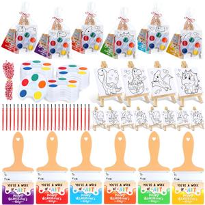 Skyygemm 24 Sets Valentines Day Gifts for Kids Valentines Cards Mini Painting Canvas Panel with Wooden Easel Watercolor Paints Brush Kit for School Classroom Exchange Gifts(Dinosaur)