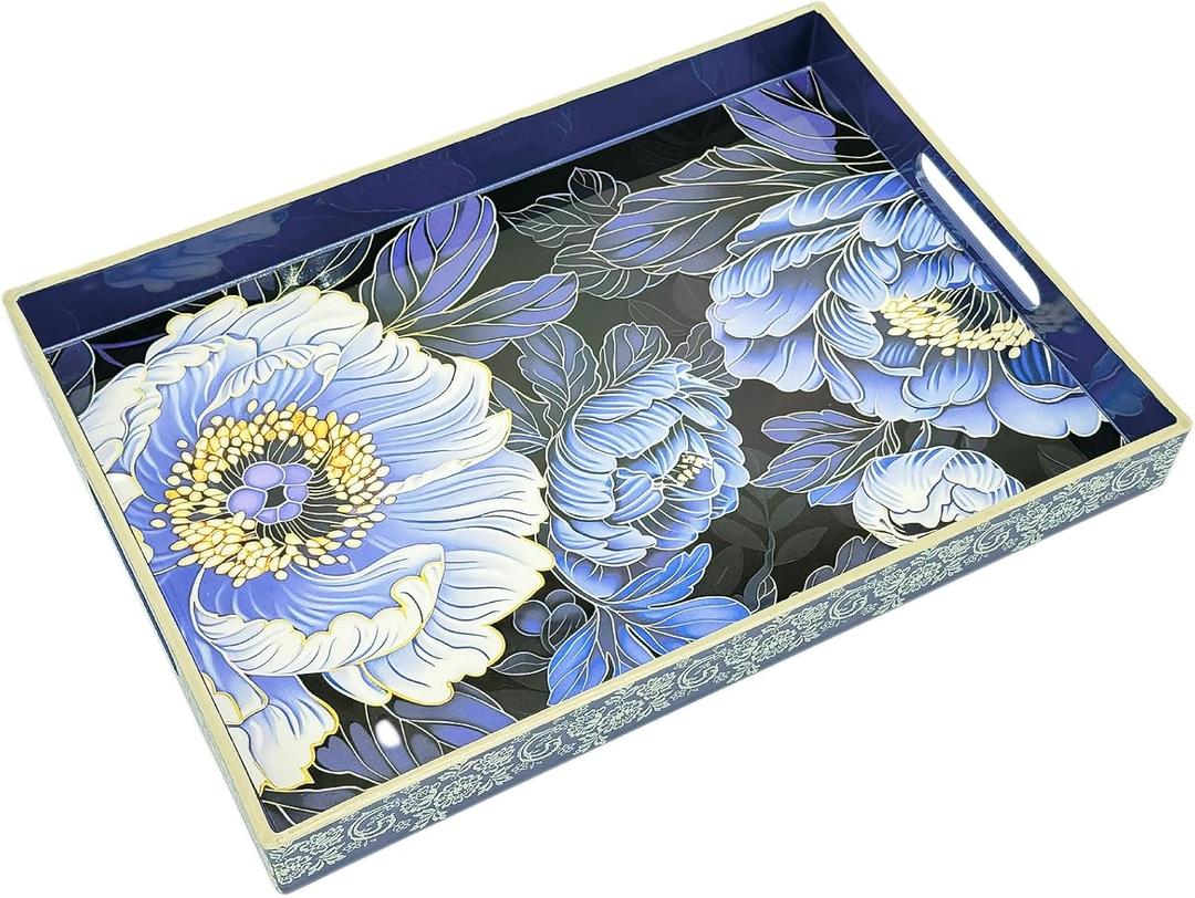 PDUHKO Serving Tray with Handles, 15.7 * 11.8 inches, Plastic Ottoman Tray with Exquisite Paintings, Trays for Coffee Table