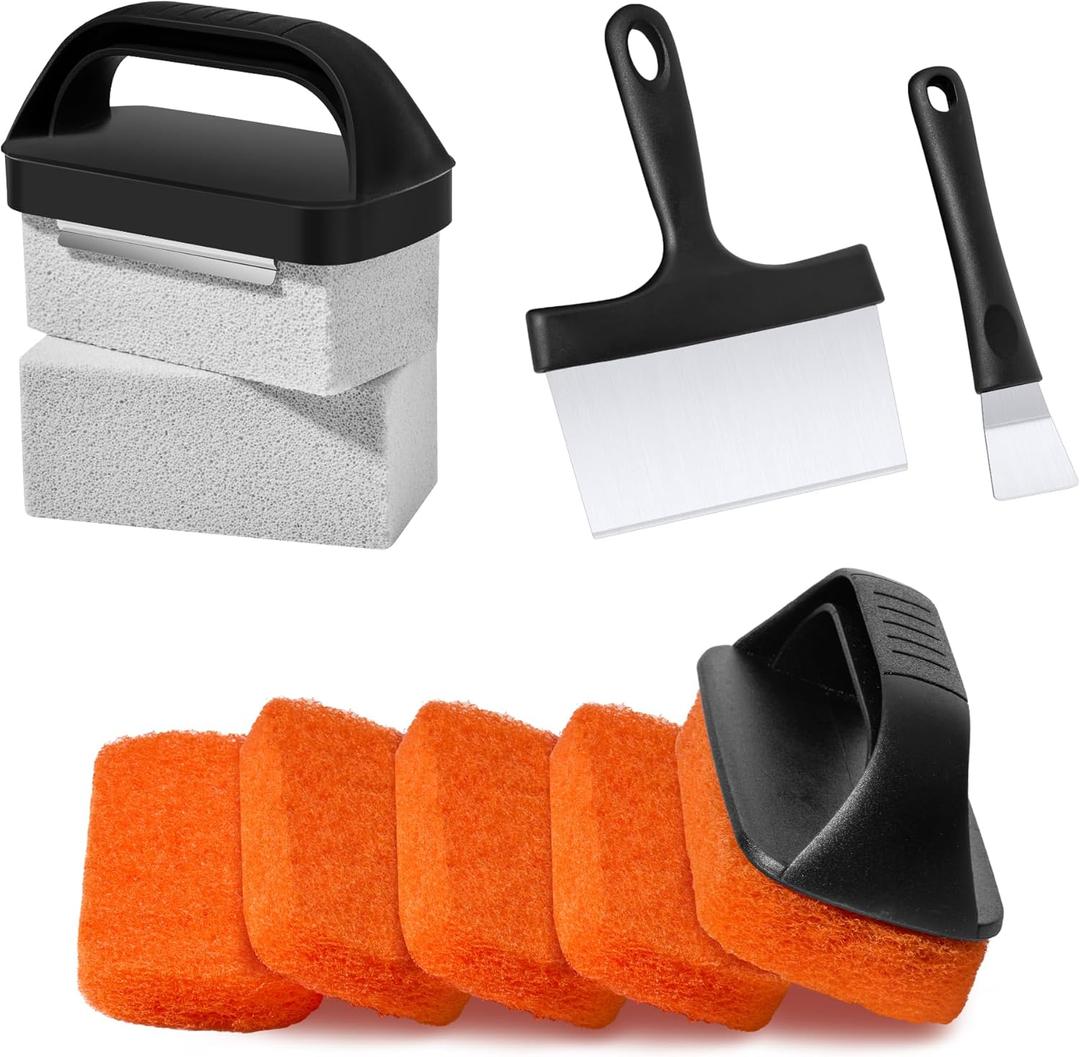 Griddle Cleaning Kit for Blackstone, Flat Top Grill Cleaning Kit with Griddle Scraper, Grill Brick, Scouring Pads & Ergonomic Handles to Remove Grease, Burnt Residue (11 PCS)