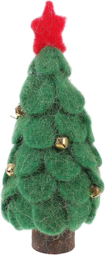 LOGOFUN Mini Christmas Tree Figurine Woolen Felt Xmas Tree Ornament with Bell Small Christmas Tree Statue for Festival Party Supplies - Green